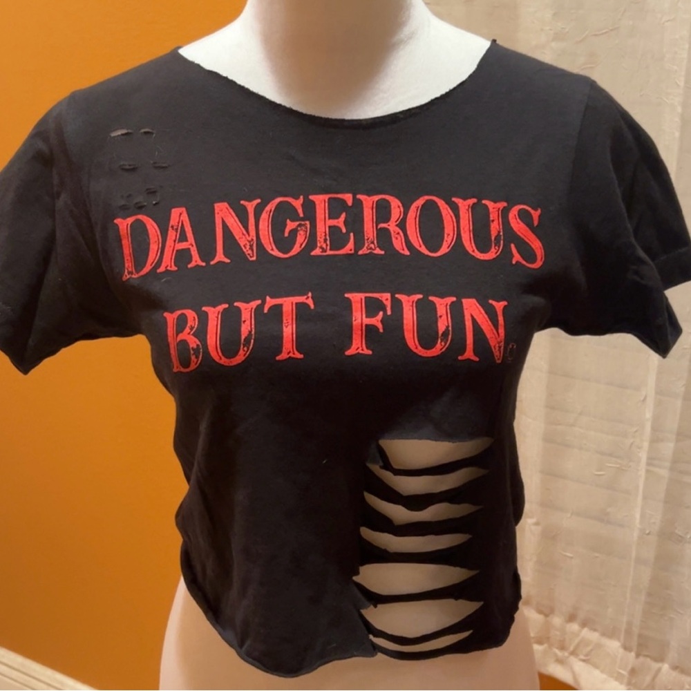 NEW | Women’s Edgy Black Red Short Sleeve Shirt Top  Distressed Details Size XS